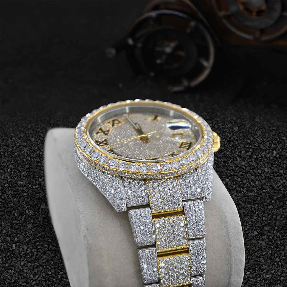Iced Out Rolex Watch for Men Moissanite Diamond Roman Dial Two Tone Gold Bust Down Hip Hop