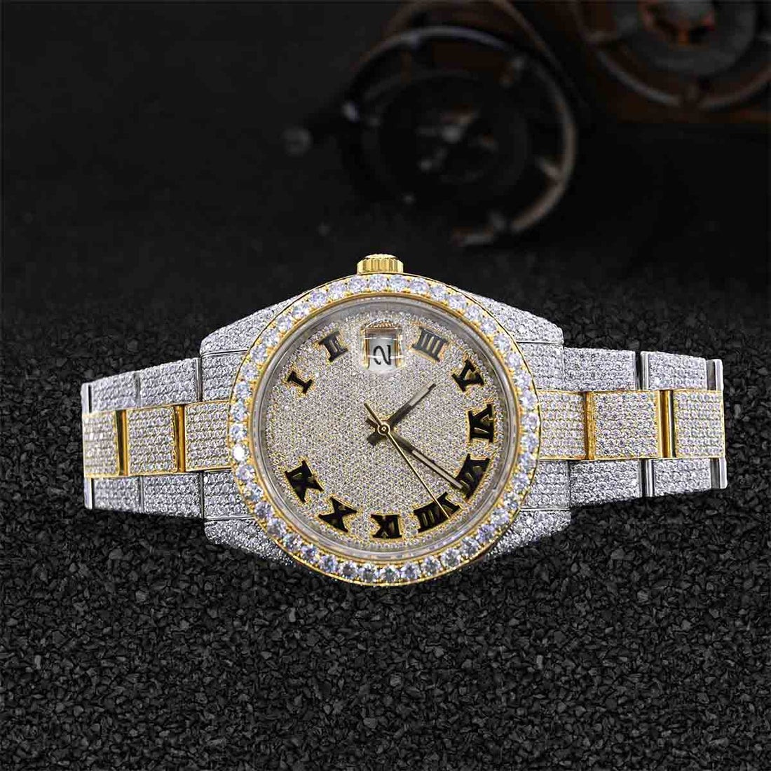 Iced Out Rolex Watch for Men Moissanite Diamond Roman Dial Two Tone Gold Bust Down Hip Hop