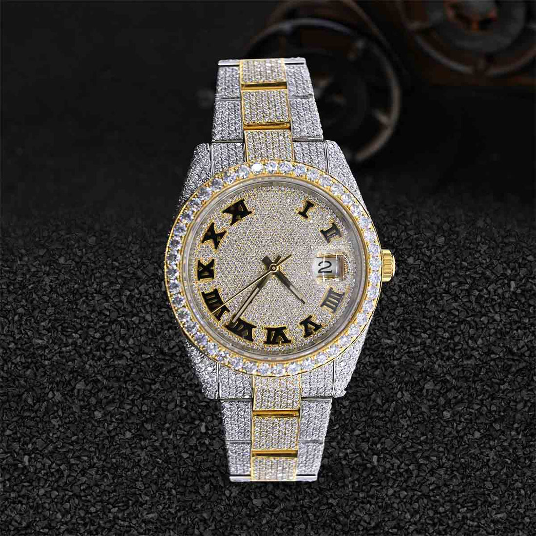 Iced Out Rolex Watch for Men Moissanite Diamond Roman Dial Two Tone Gold Bust Down Hip Hop