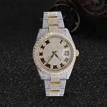 Iced Out Rolex Watch for Men Moissanite Diamond Roman Dial Two Tone Gold Bust Down Hip Hop