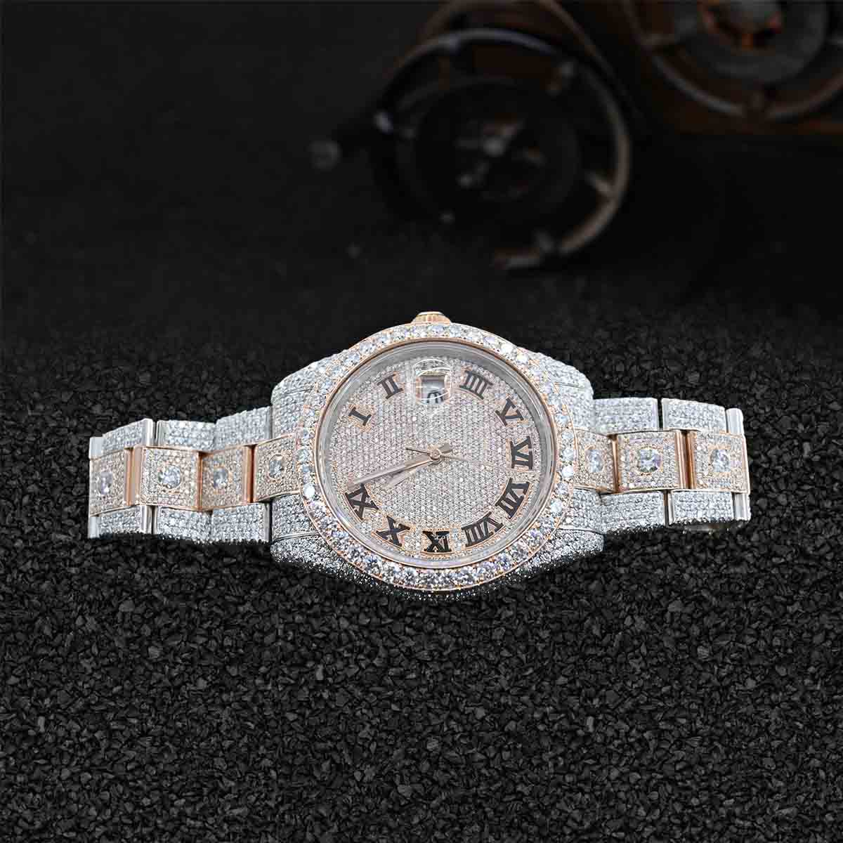 Rolex Datejust Iced Out Watch for Women Moissanite Roman Dial Rose Gold Bust Down