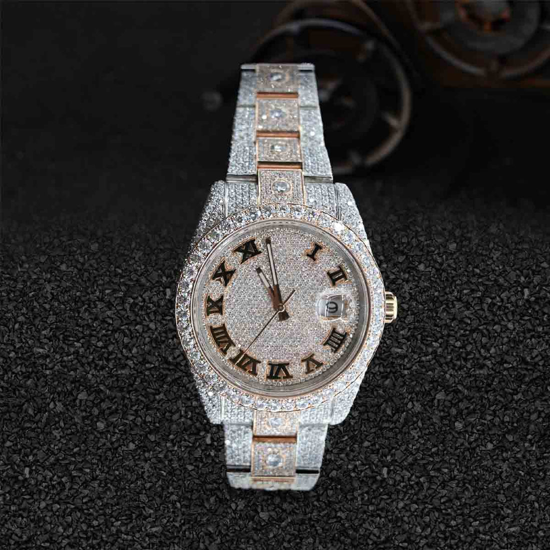 Rolex Datejust Iced Out Watch for Women Moissanite Roman Dial Rose Gold Bust Down