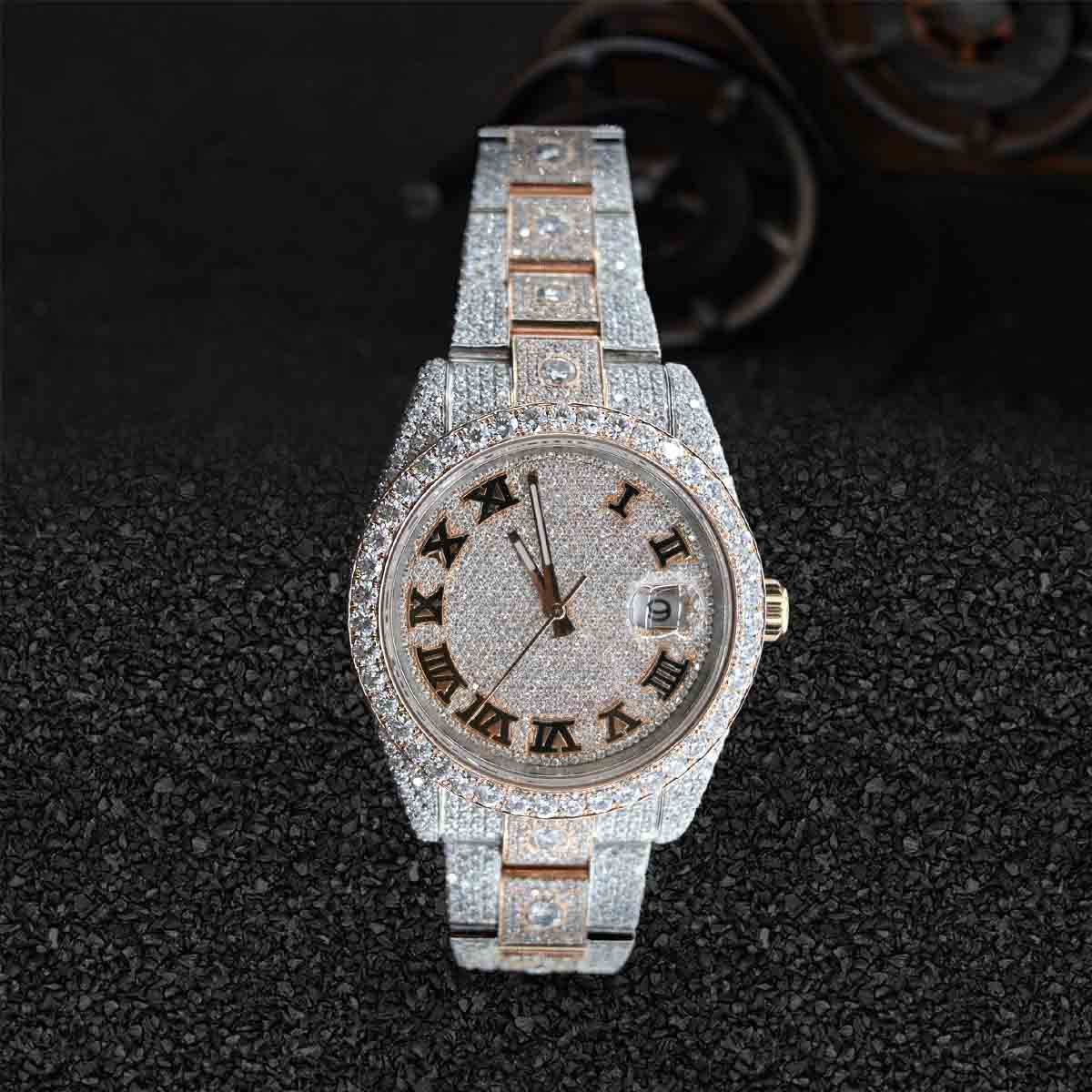 Rolex Datejust Iced Out Watch for Women Moissanite Roman Dial Rose Gold Bust Down