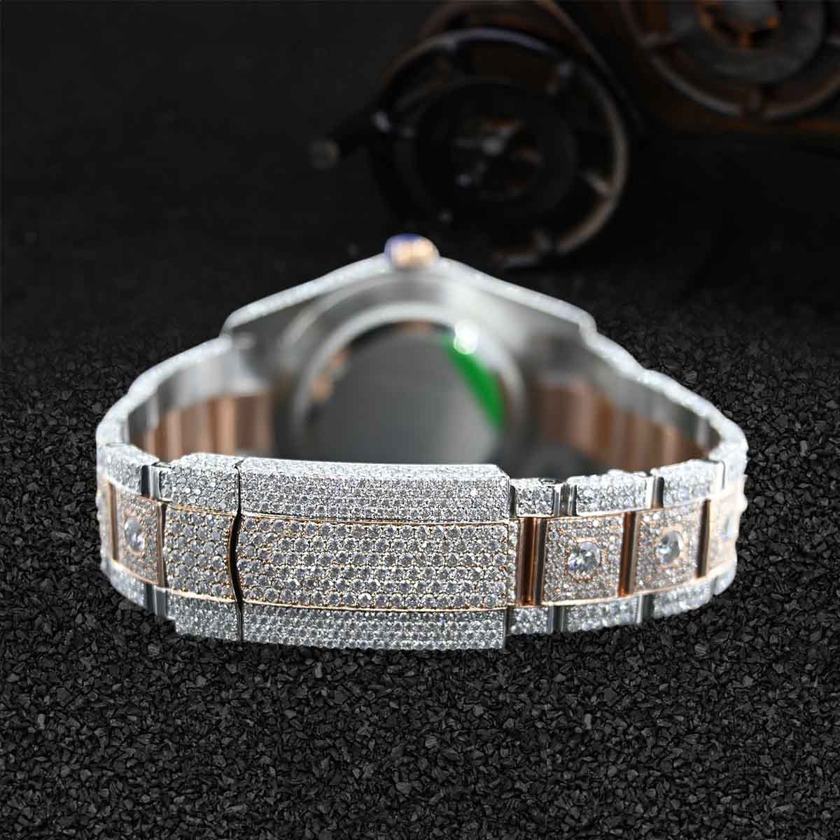 Rolex Datejust Iced Out Watch for Women Moissanite Roman Dial Rose Gold Bust Down