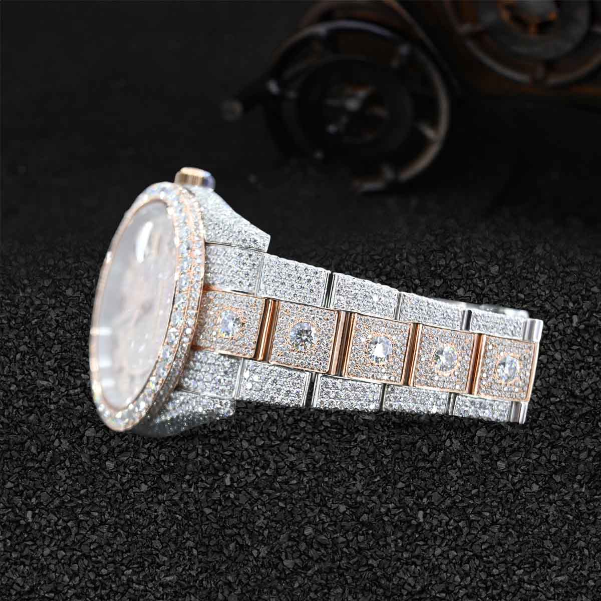 Rolex Datejust Iced Out Watch for Women Moissanite Roman Dial Rose Gold Bust Down