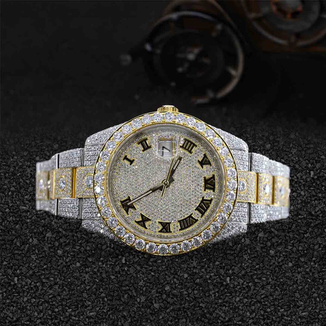 Rolex Watch for Men Moissanite Iced Out Datejust Roman Dial Gold Two Tone Bust Down