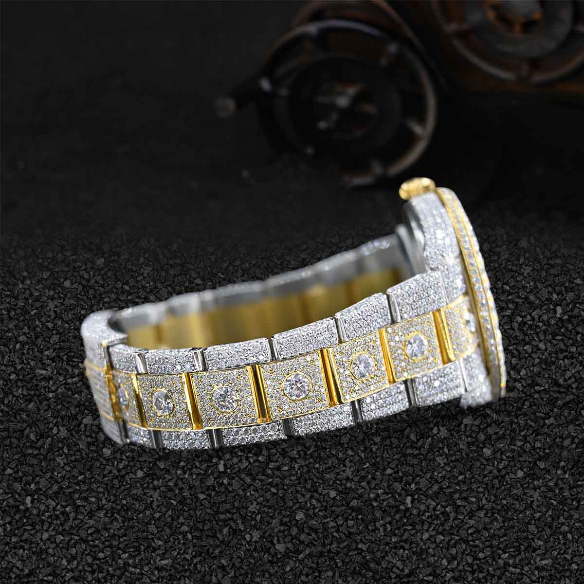 Rolex Watch for Men Moissanite Iced Out Datejust Roman Dial Gold Two Tone Bust Down