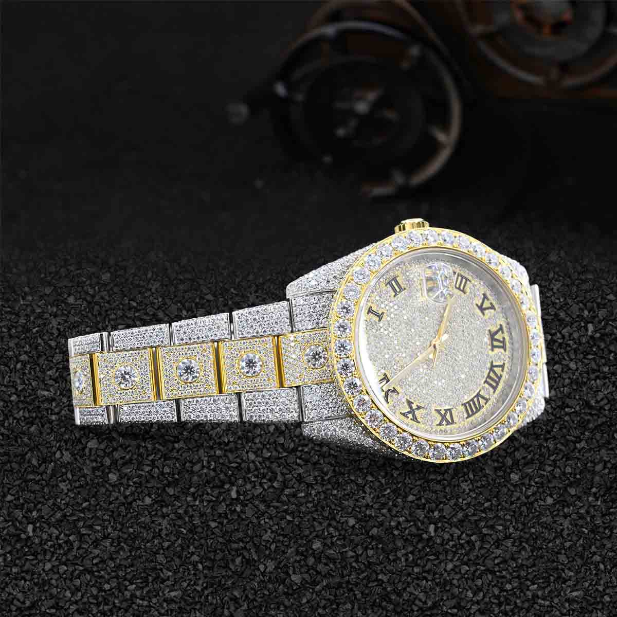 Rolex Watch for Men Moissanite Iced Out Datejust Roman Dial Gold Two Tone Bust Down