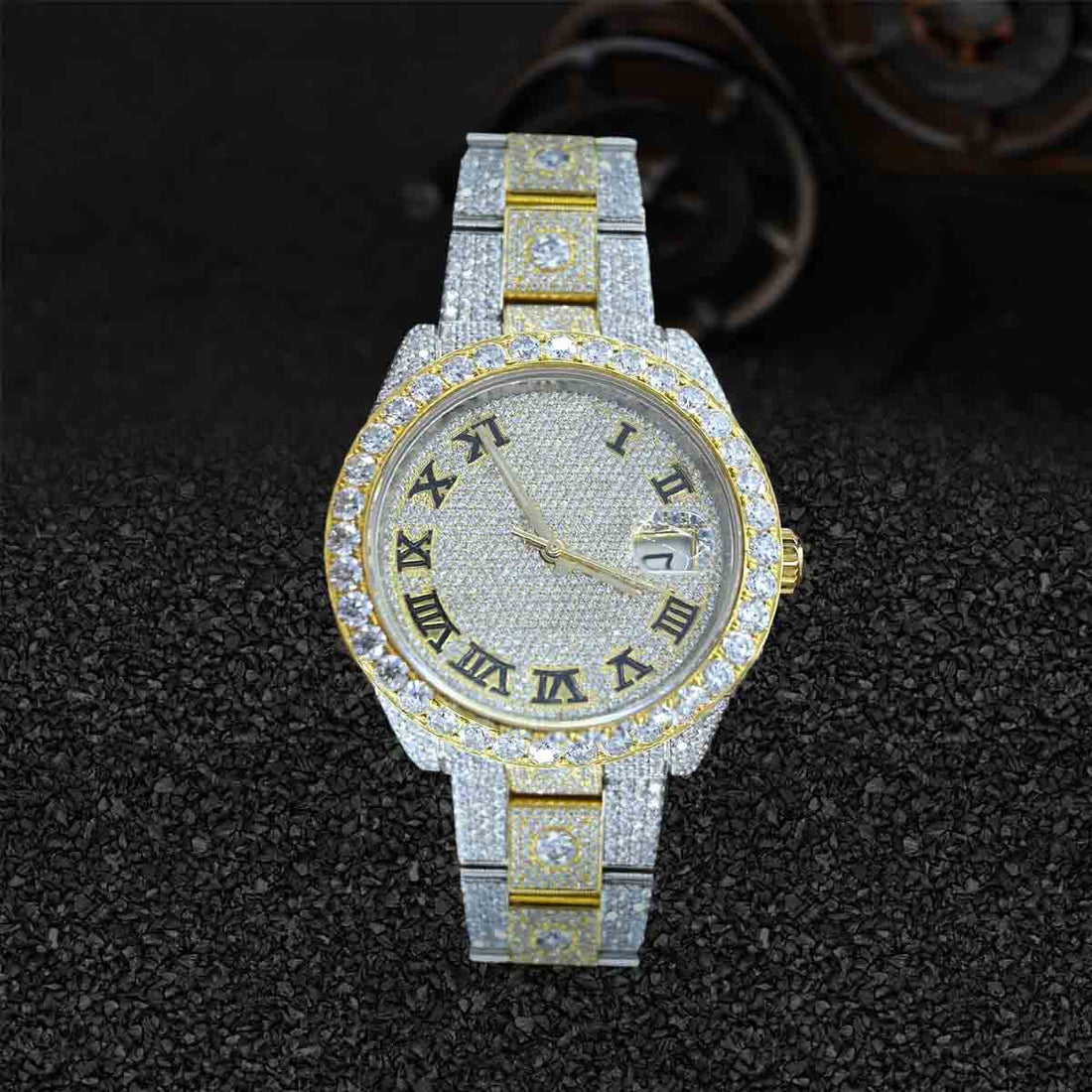 Rolex Watch for Men Moissanite Iced Out Datejust Roman Dial Gold Two Tone Bust Down