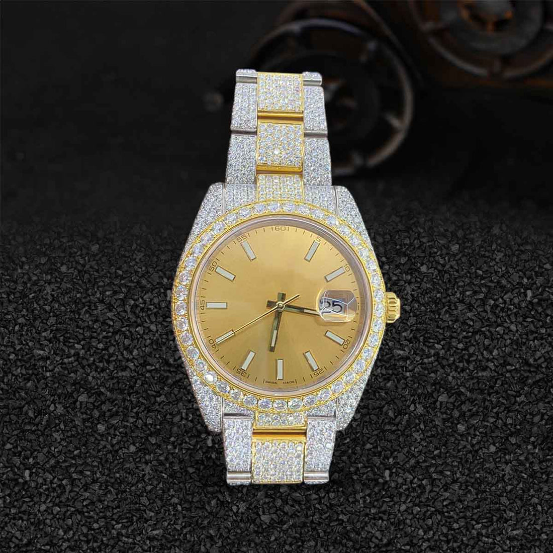 Rolex Datejust Iced Out Golden Watch for Men Moissanite Two Tone Bust Down Hip Hop