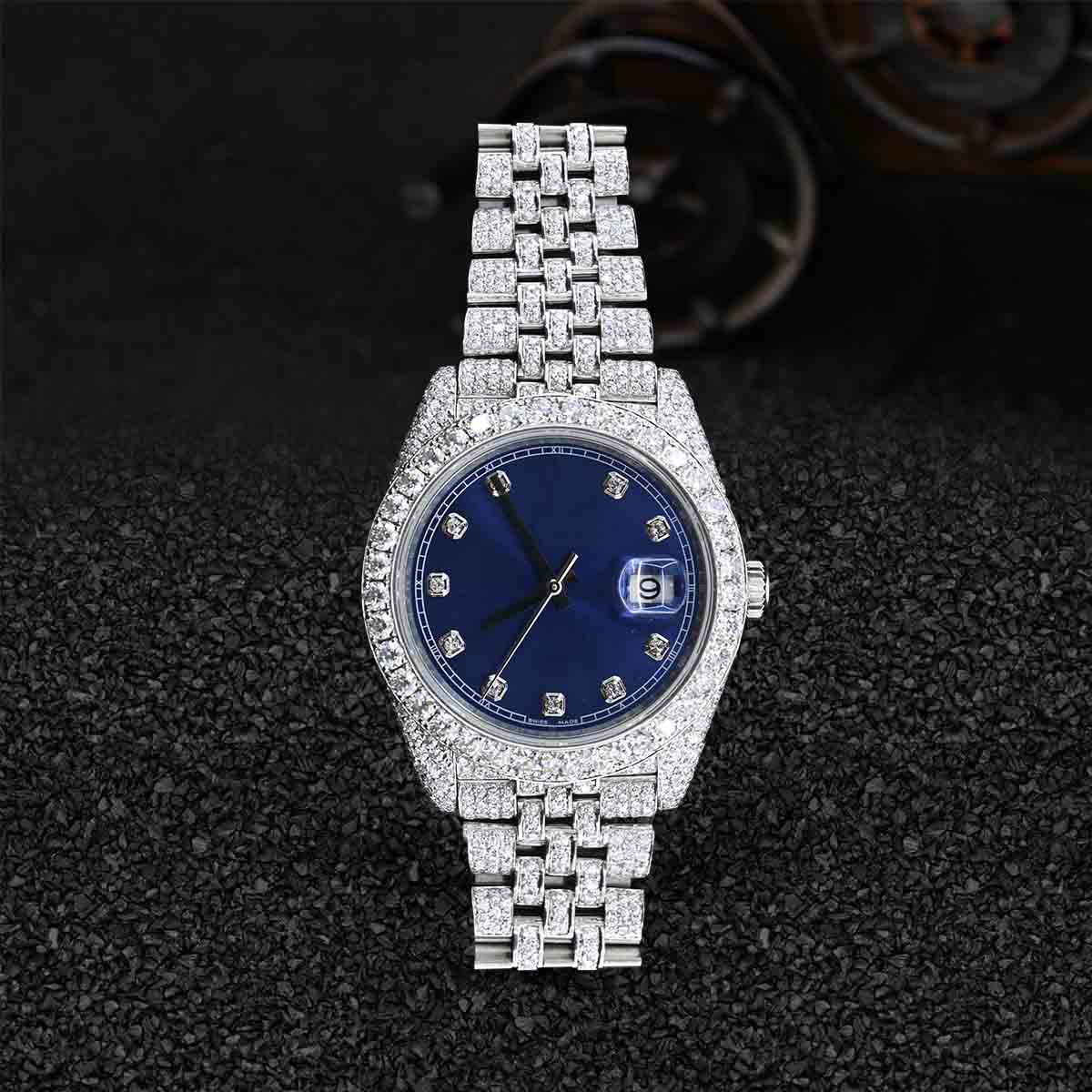 Blue Dial Rolex Watch 32mm Women Lady Datejust Moissanite Iced Out Bust Down
