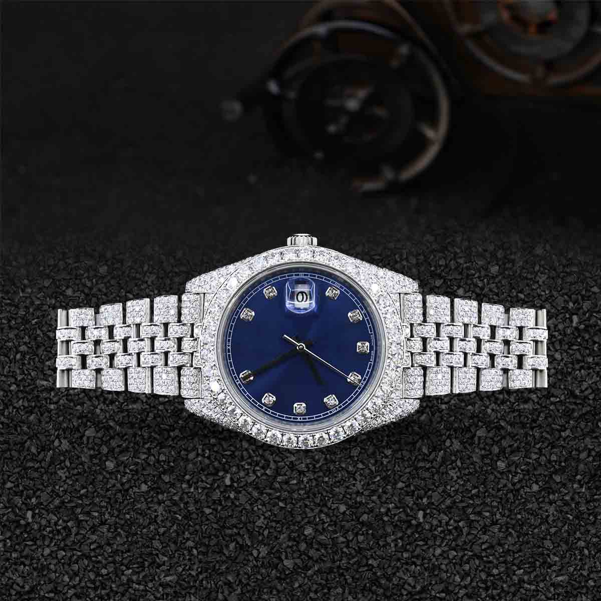 Blue Dial Rolex Watch 32mm Women Lady Datejust Moissanite Iced Out Bust Down