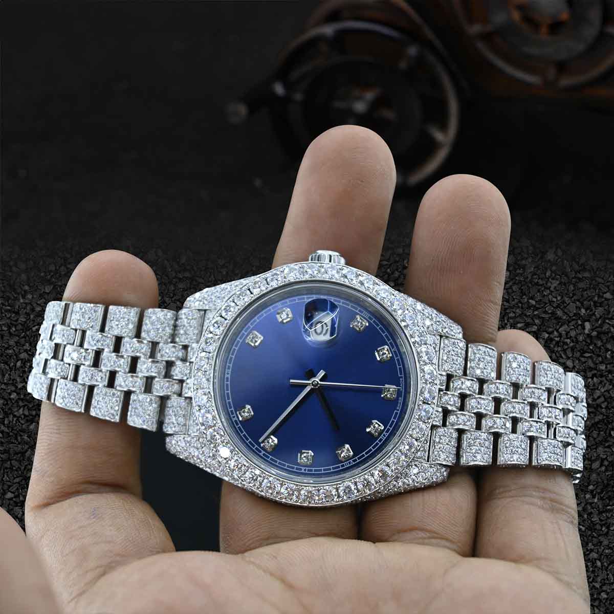 Blue Dial Rolex Watch 32mm Women Lady Datejust Moissanite Iced Out Bust Down