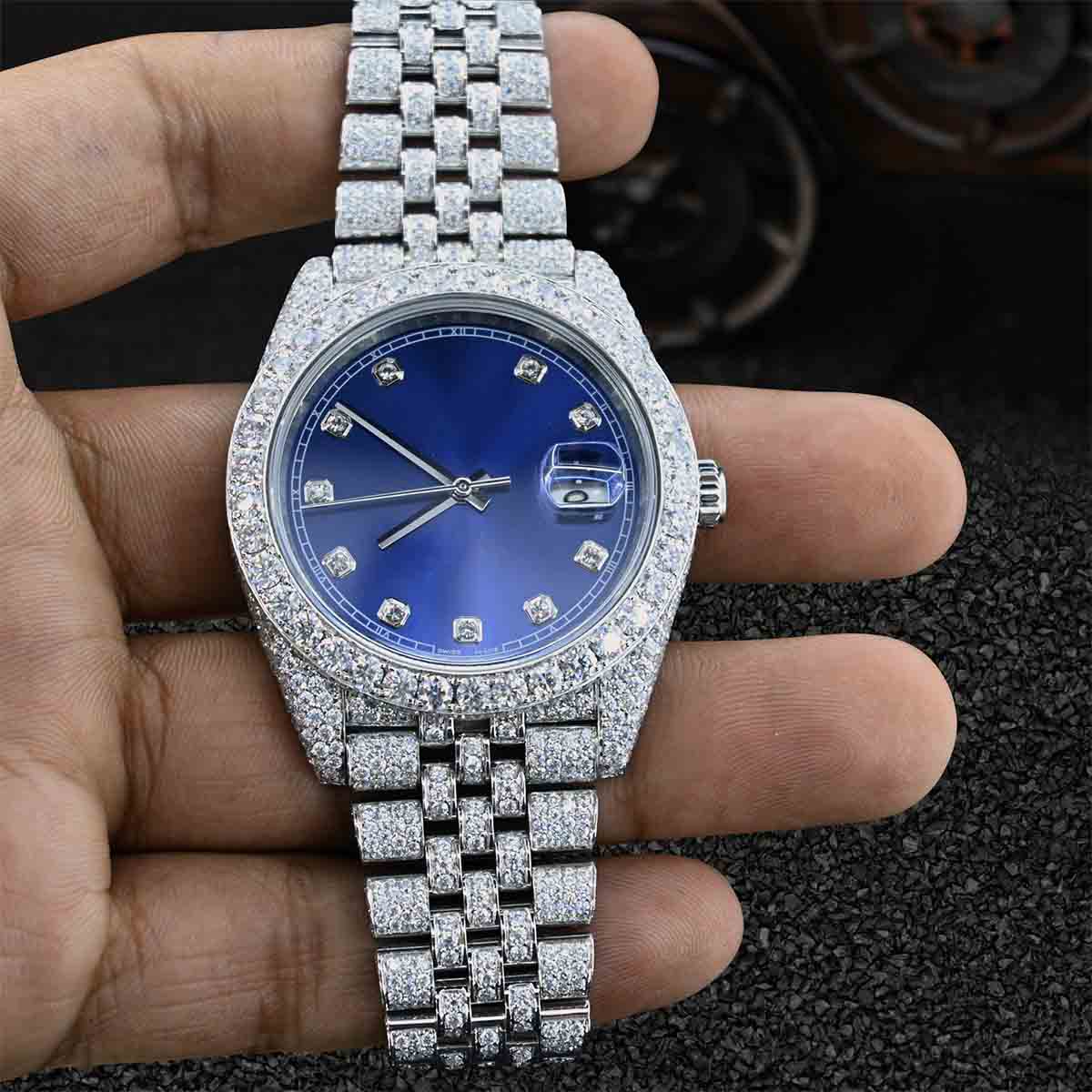 Blue Dial Rolex Watch 32mm Women Lady Datejust Moissanite Iced Out Bust Down