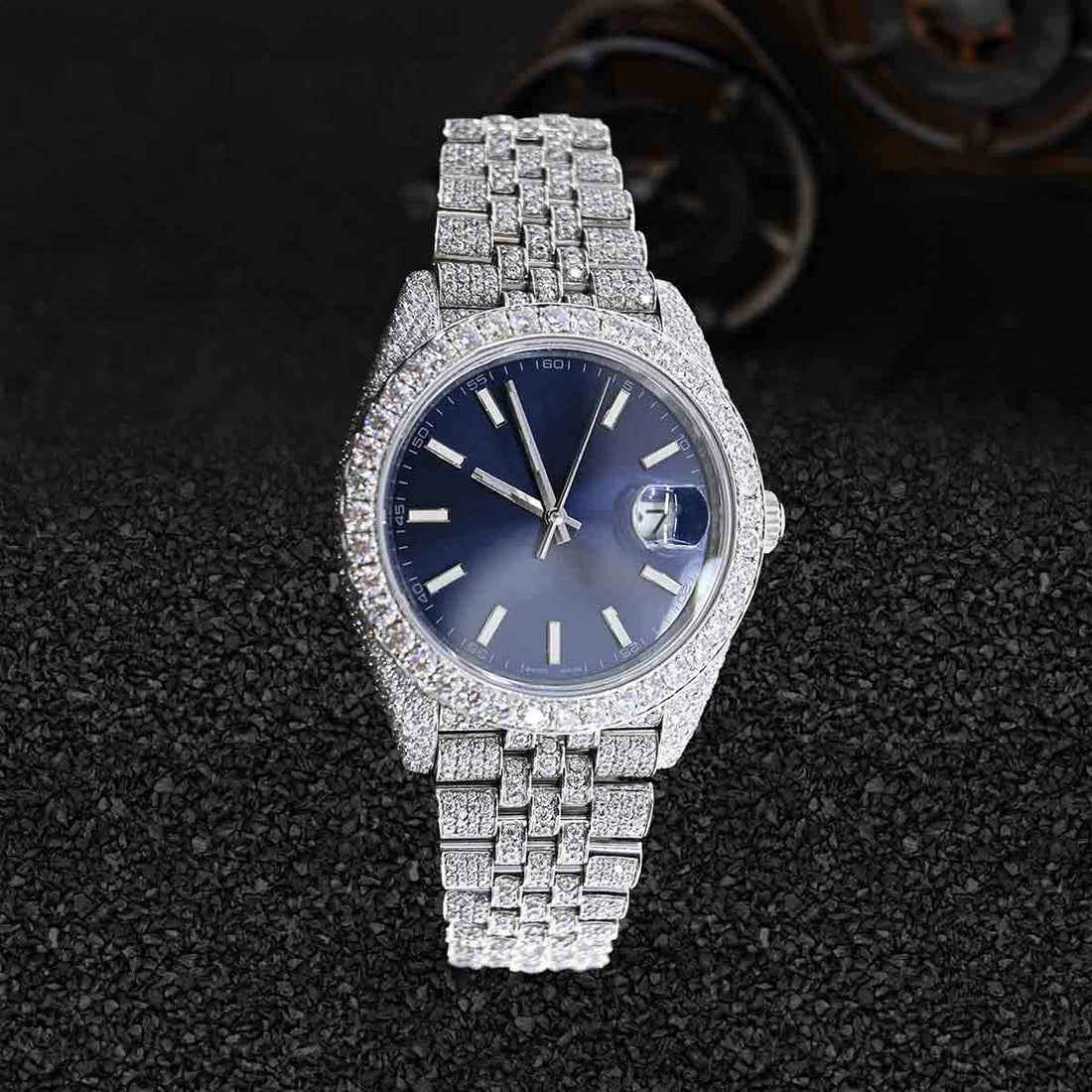 Rolex Watch for Men Datejust Iced Out Moissanite Diamond Blue Dial Bust Down