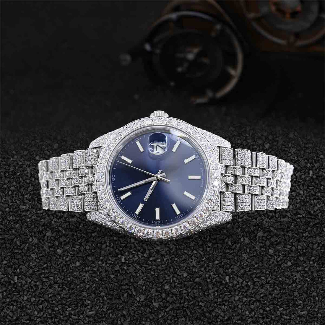 Rolex Watch for Men Datejust Iced Out Moissanite Diamond Blue Dial Bust Down