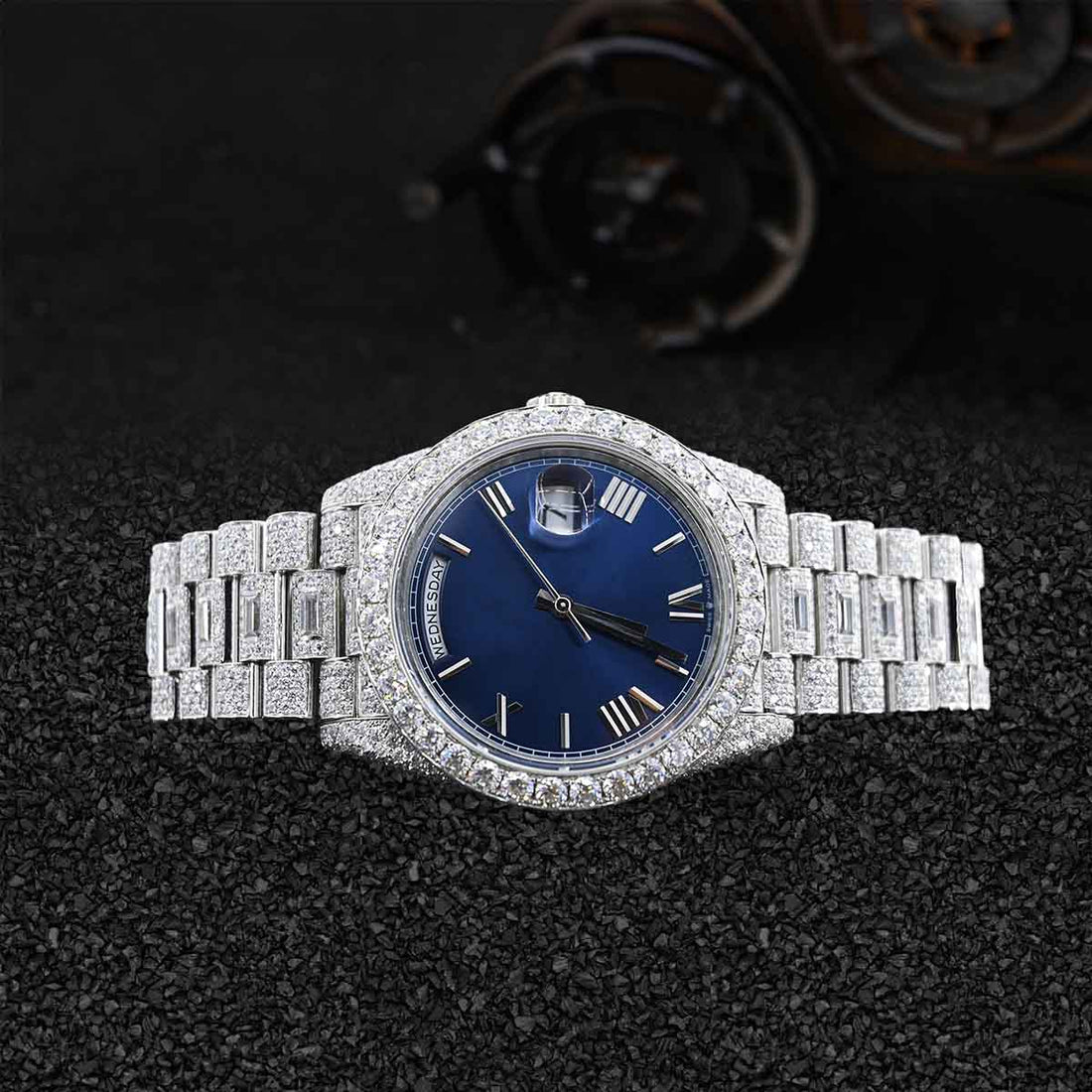Rolex Watch for Men Iced Out Moissanite Day Date Roman 41mm Blue Dial Bust Down Hip Hop