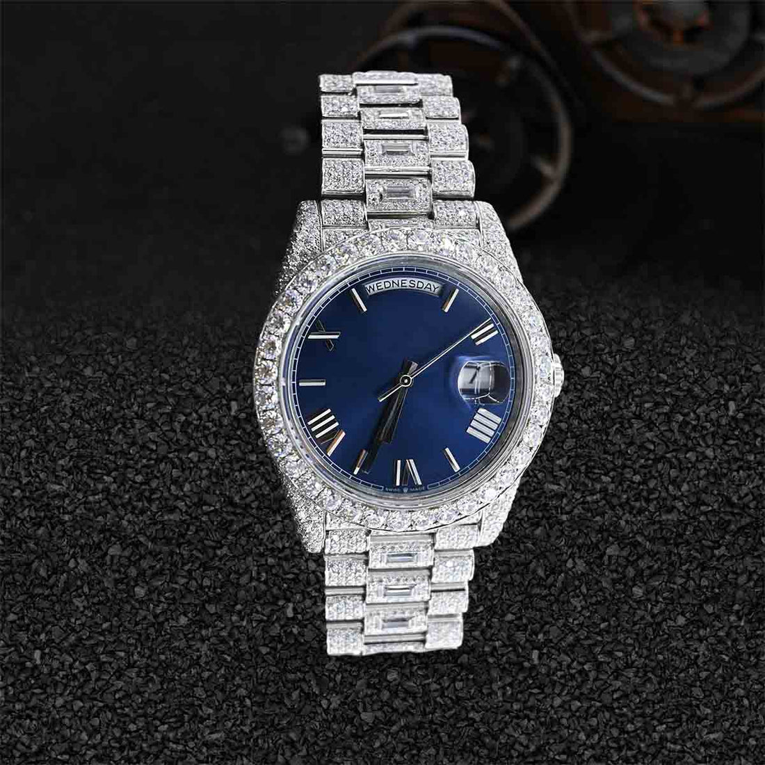 Rolex Watch for Men Iced Out Moissanite Day Date Roman 41mm Blue Dial Bust Down Hip Hop