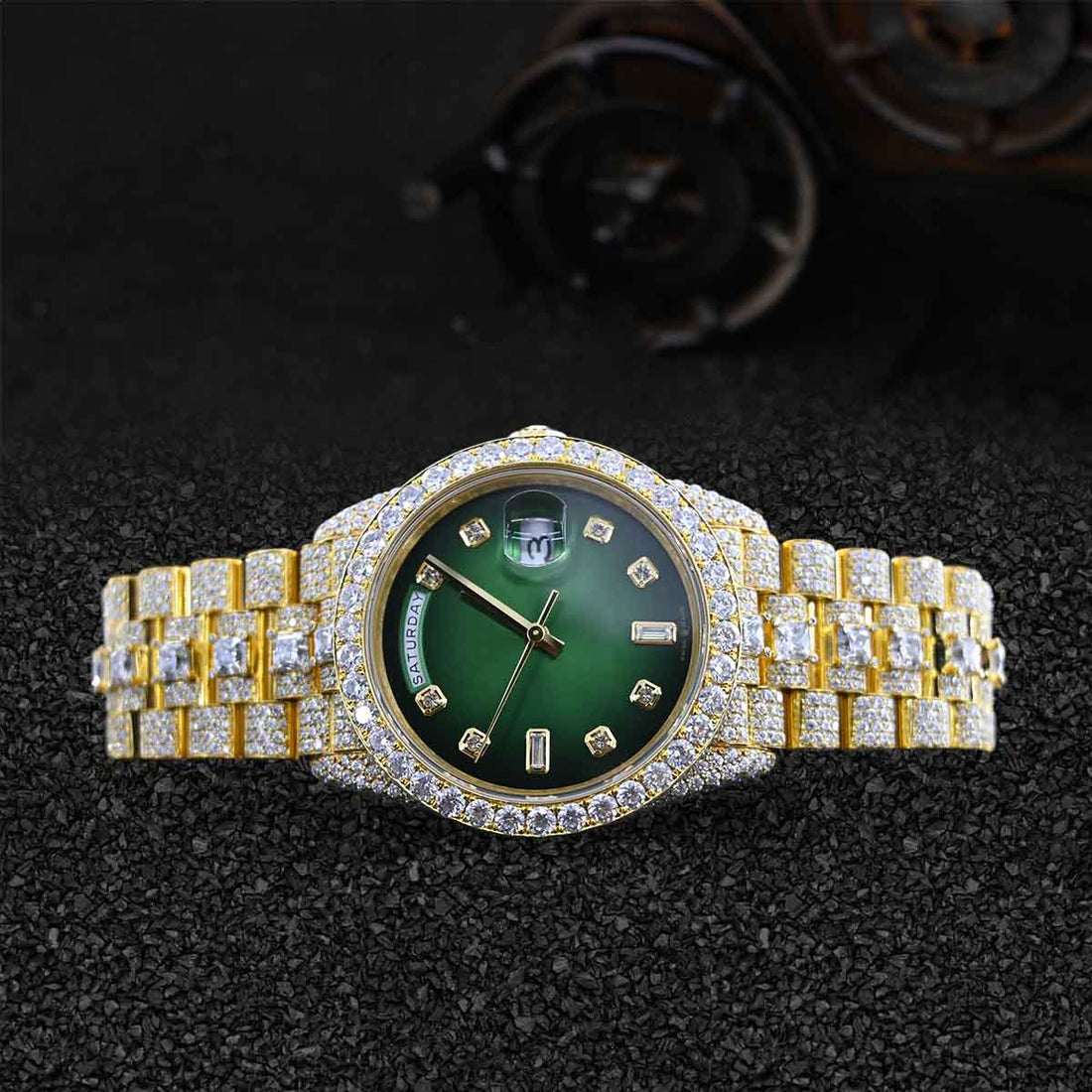 Iced Out Rolex Watch for Men DAY DATE 40mm Green Dial Moissanite 14k Gold Finish Bust Down