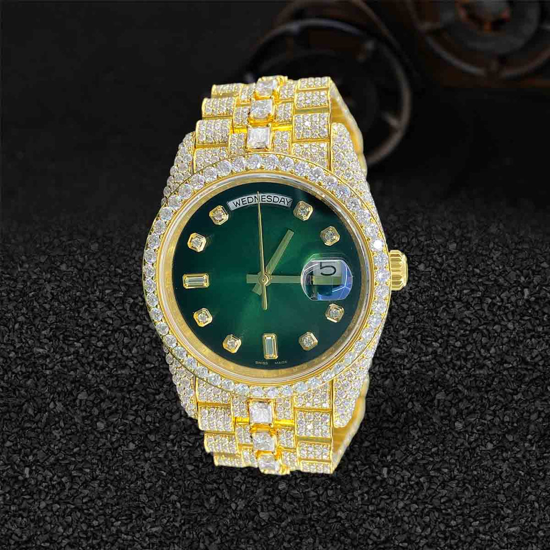 Iced Out Rolex Watch for Men DAY DATE 40mm Green Dial Moissanite 14k Gold Finish Bust Down
