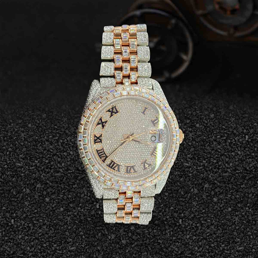 Iced Out Rolex Watch DATEJUST Jubilee Baguette Moissanite Roman Bust Down Hip Hop Jewelry