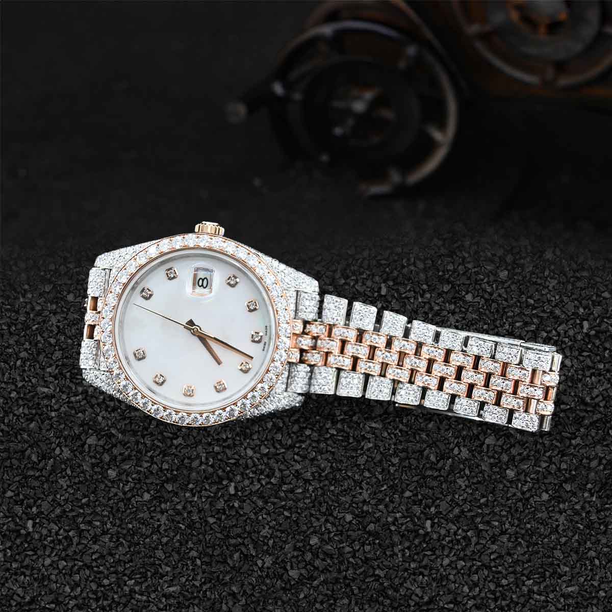 Iced Out Rolex Watch for Women Rose Gold Moissanite Diamond 32mm White Dial Datejust Jubilee
