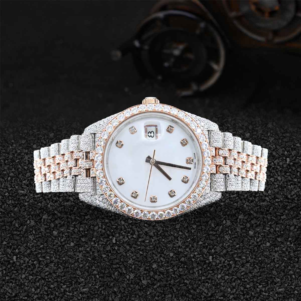 Iced Out Rolex Watch for Women Rose Gold Moissanite Diamond 32mm White Dial Datejust Jubilee