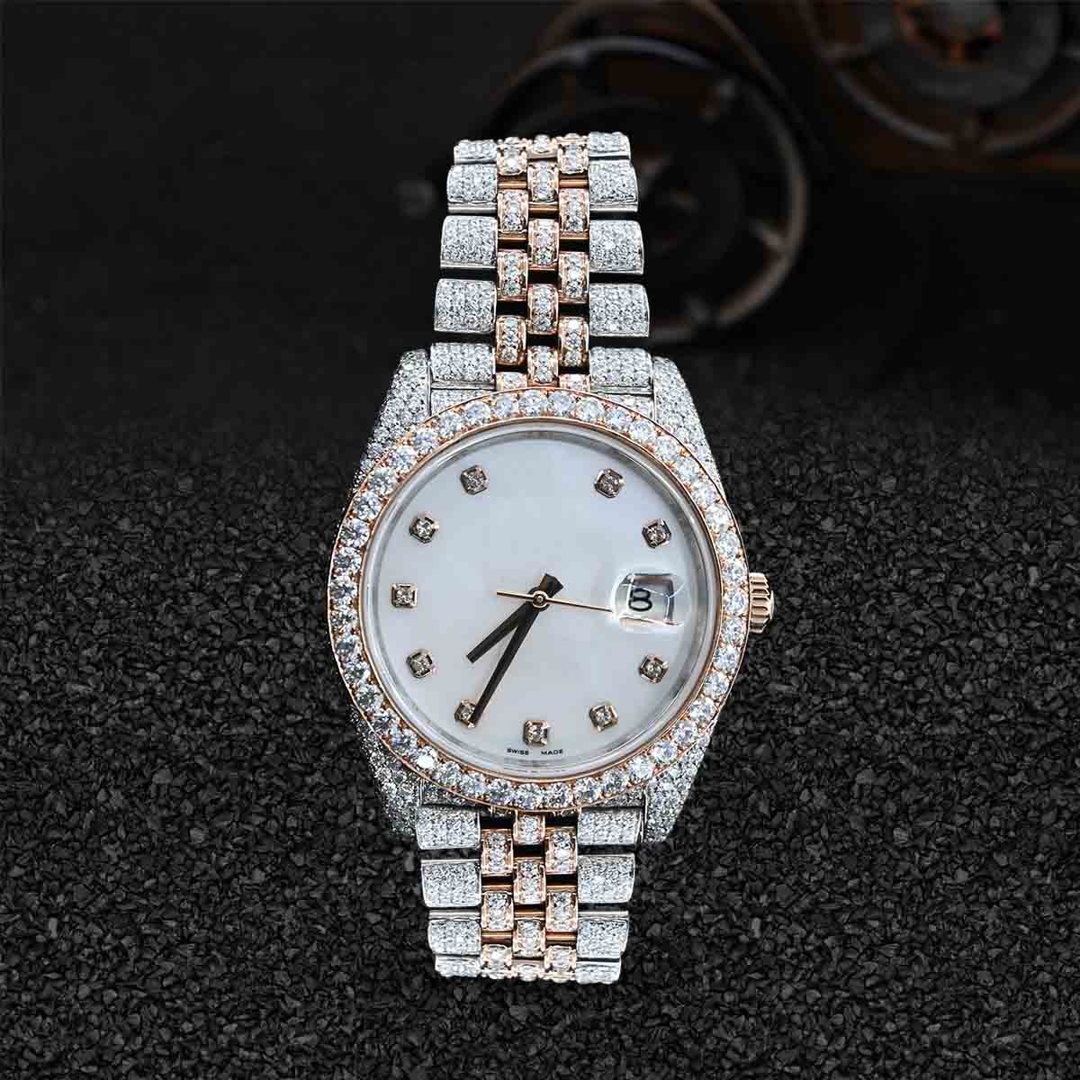 Iced Out Rolex Watch for Women Rose Gold Moissanite Diamond 32mm White Dial Datejust Jubilee
