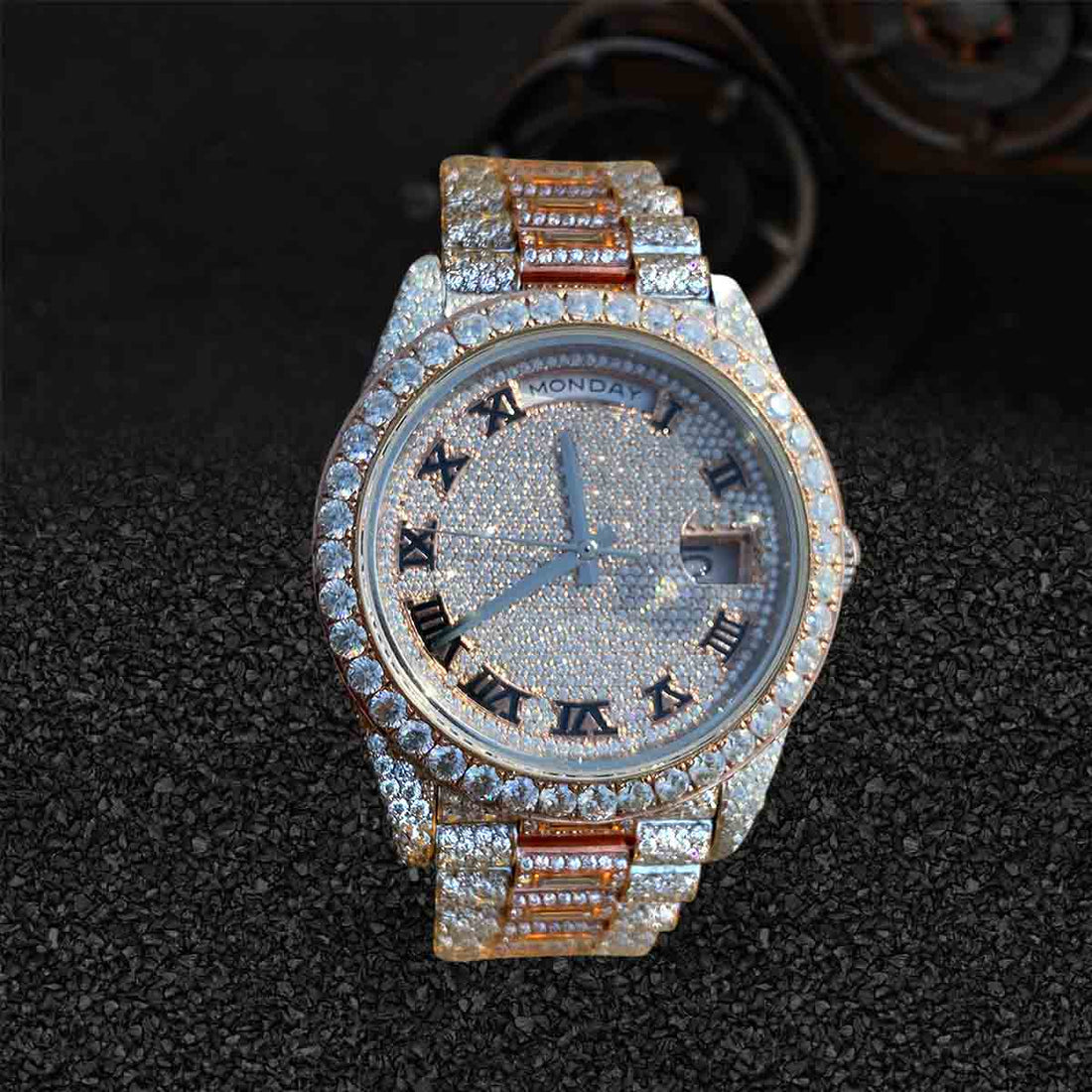 Rose Gold Two Tone Iced Out Rolex Watch Moissanite Diamond 40mm Dial Roman Bust Down Hip Hop