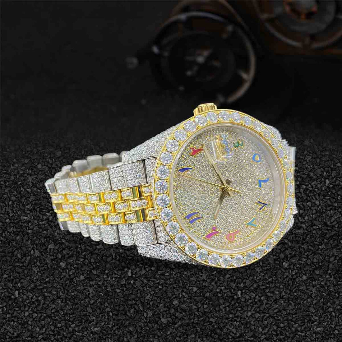Rolex Watch for Men Moissanite Iced Out Arabic 40mm Two Tone Gold Datejust Jubilee Bust Down Hip Hop