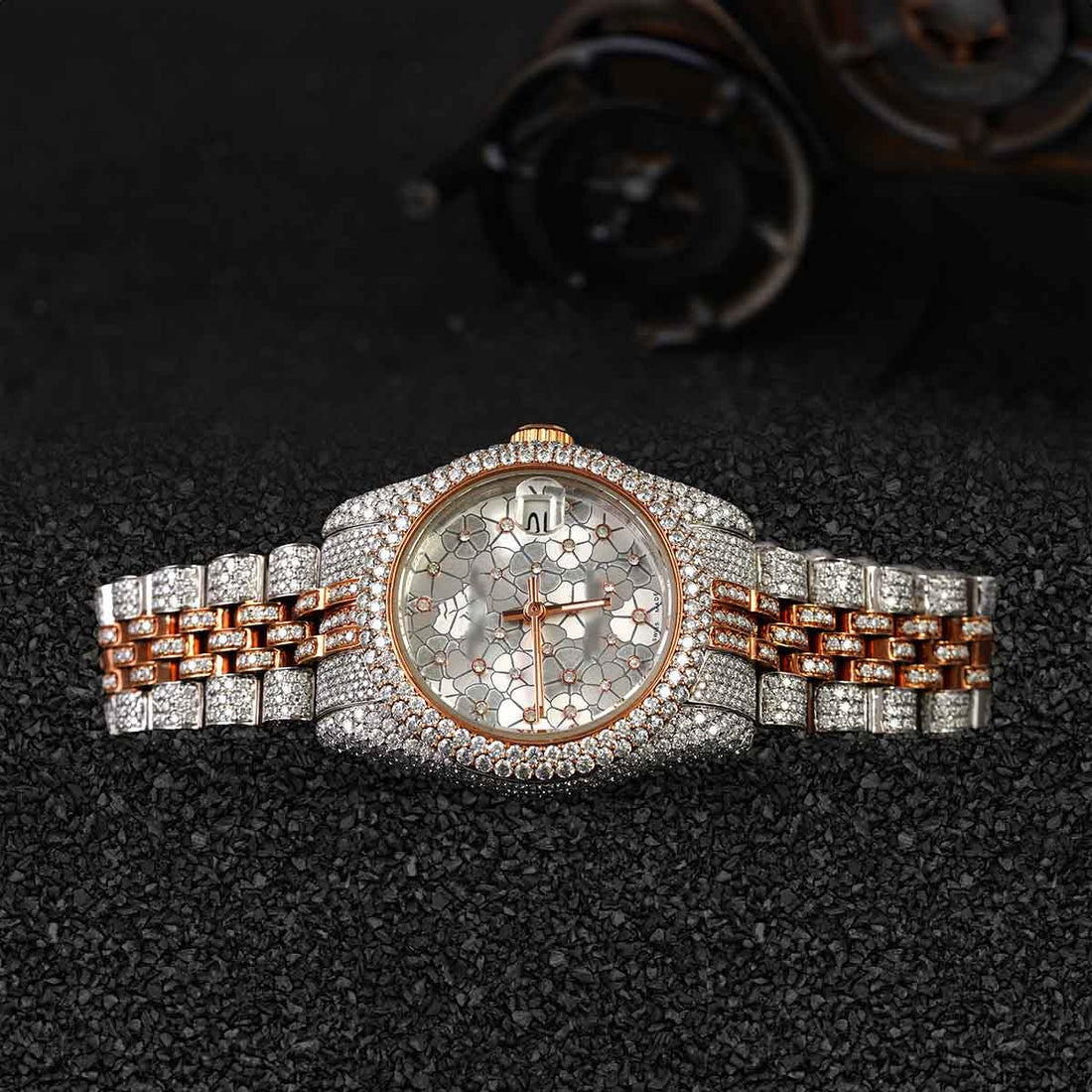 Rolex Iced Out Watch for Women 32mm Floral Dial VVS1 Moissanite Diamond Bust Down