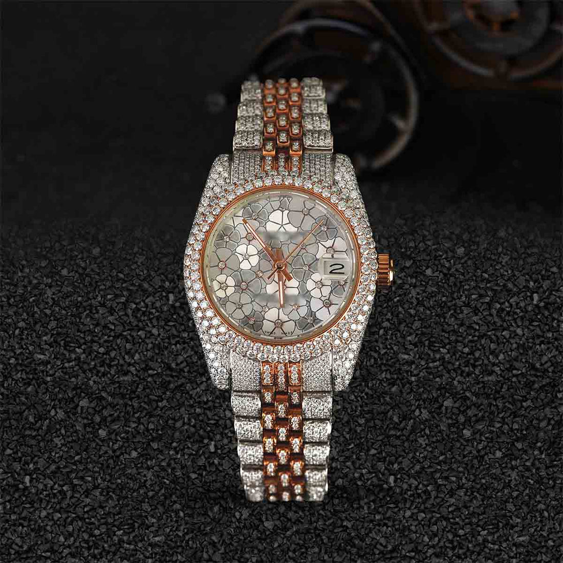 Rolex Iced Out Watch for Women 32mm Floral Dial VVS1 Moissanite Diamond Bust Down
