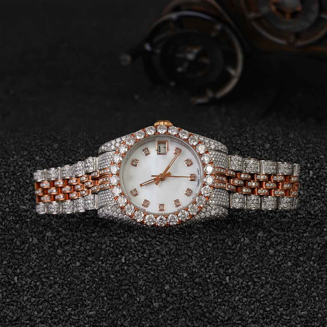 Iced Out Rolex Watch for Women Moissanite 32mm White Dial Two Tone Rose Gold Bust Down