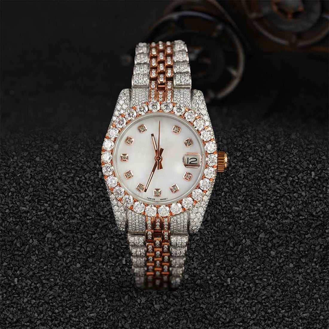 Iced Out Rolex Watch for Women Moissanite 32mm White Dial Two Tone Rose Gold Bust Down