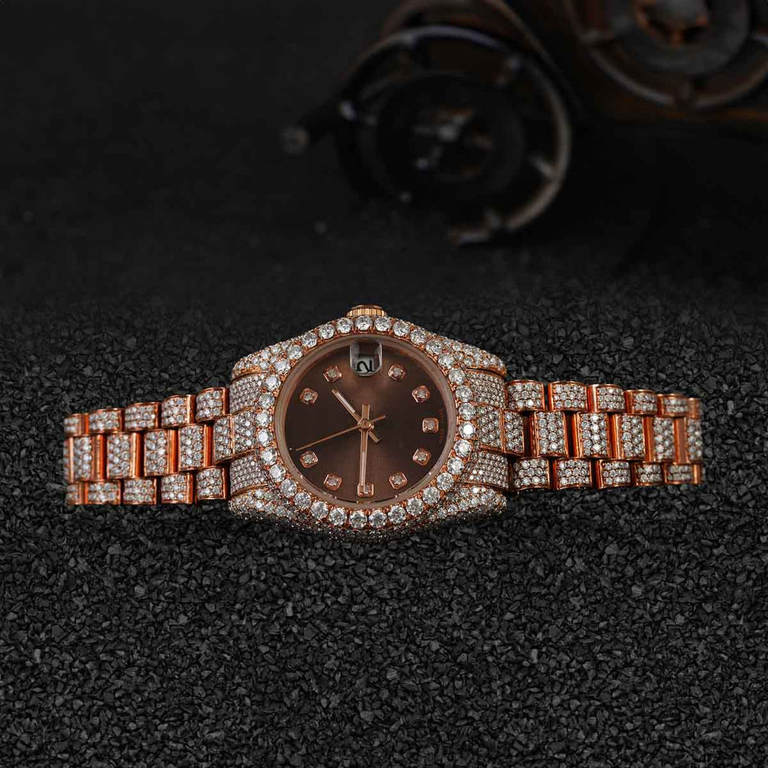 Iced Out Rolex Watch for Women Moissanite Diamond Brown Dial Rose Gold Bust Down