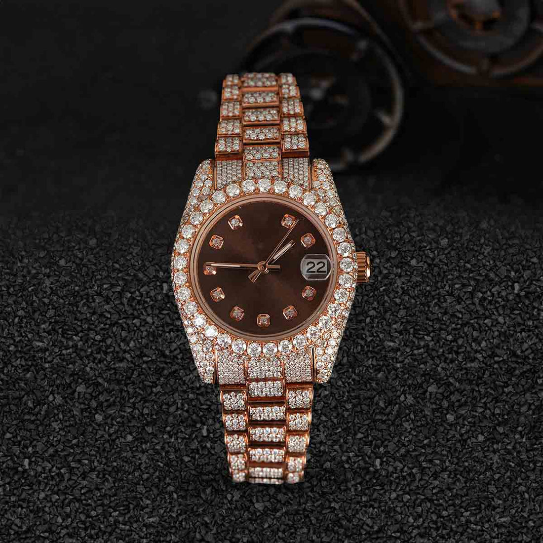 Iced Out Rolex Watch for Women Moissanite Diamond Brown Dial Rose Gold Bust Down