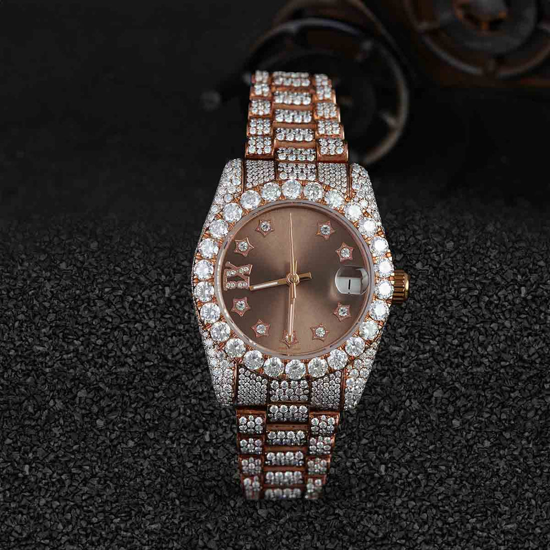 Rolex Watch for Women Moissanite Iced Out 32mm Brown Dial Rose Gold Plated Bust Down
