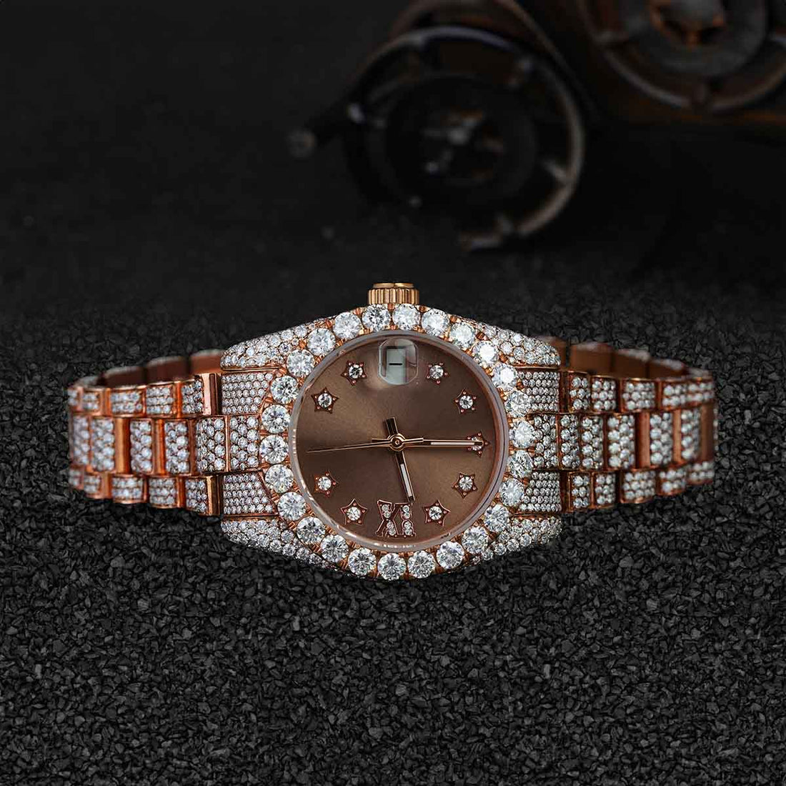 Rolex Watch for Women Moissanite Iced Out 32mm Brown Dial Rose Gold Plated Bust Down