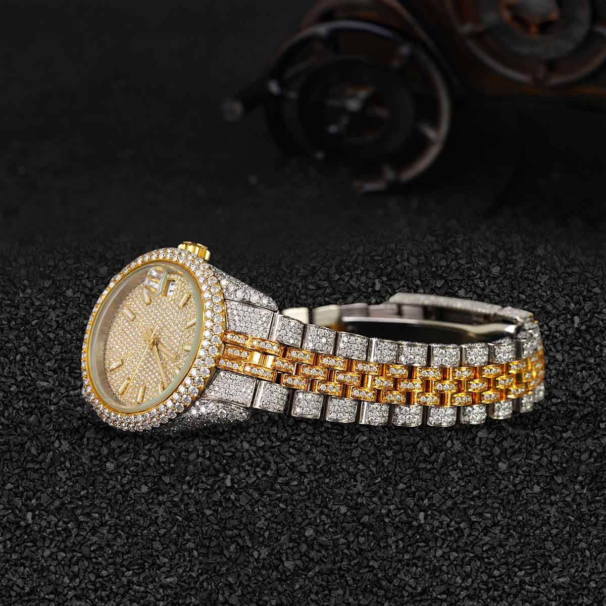 Men's Iced Out Rolex Watch Moissanite Diamonds 14k Gold Finish Two Tone Bust Down Hip Hop