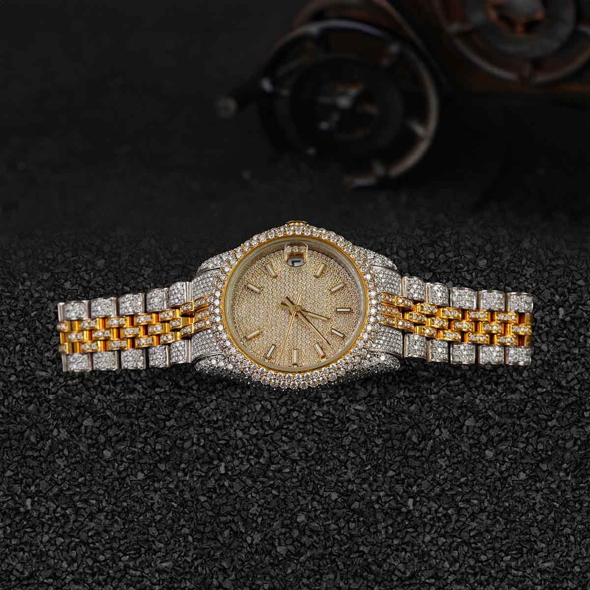 Men's Iced Out Rolex Watch Moissanite Diamonds 14k Gold Finish Two Tone Bust Down Hip Hop