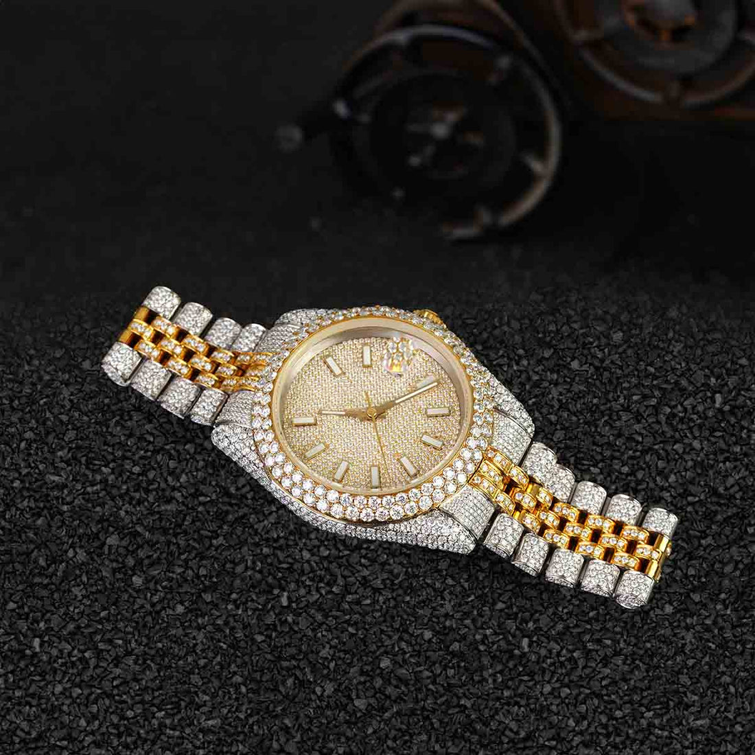 Men's Iced Out Rolex Watch Moissanite Diamonds 14k Gold Finish Two Tone Bust Down Hip Hop