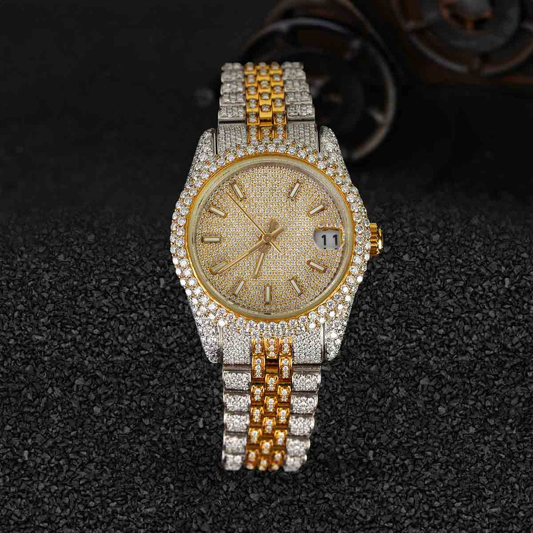 Men's Iced Out Rolex Watch Moissanite Diamonds 14k Gold Finish Two Tone Bust Down Hip Hop