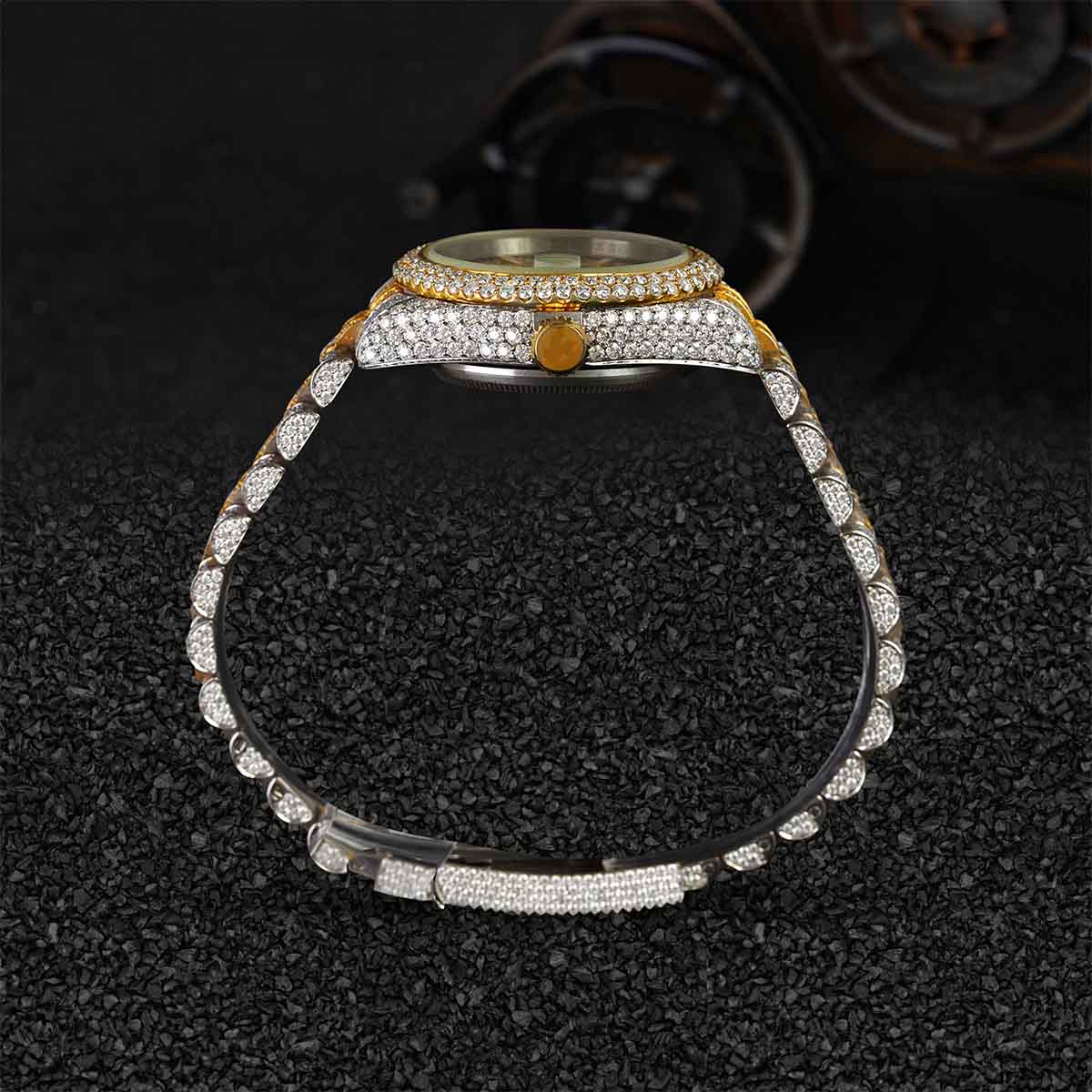 Men's Iced Out Rolex Watch Moissanite Diamonds 14k Gold Finish Two Tone Bust Down Hip Hop