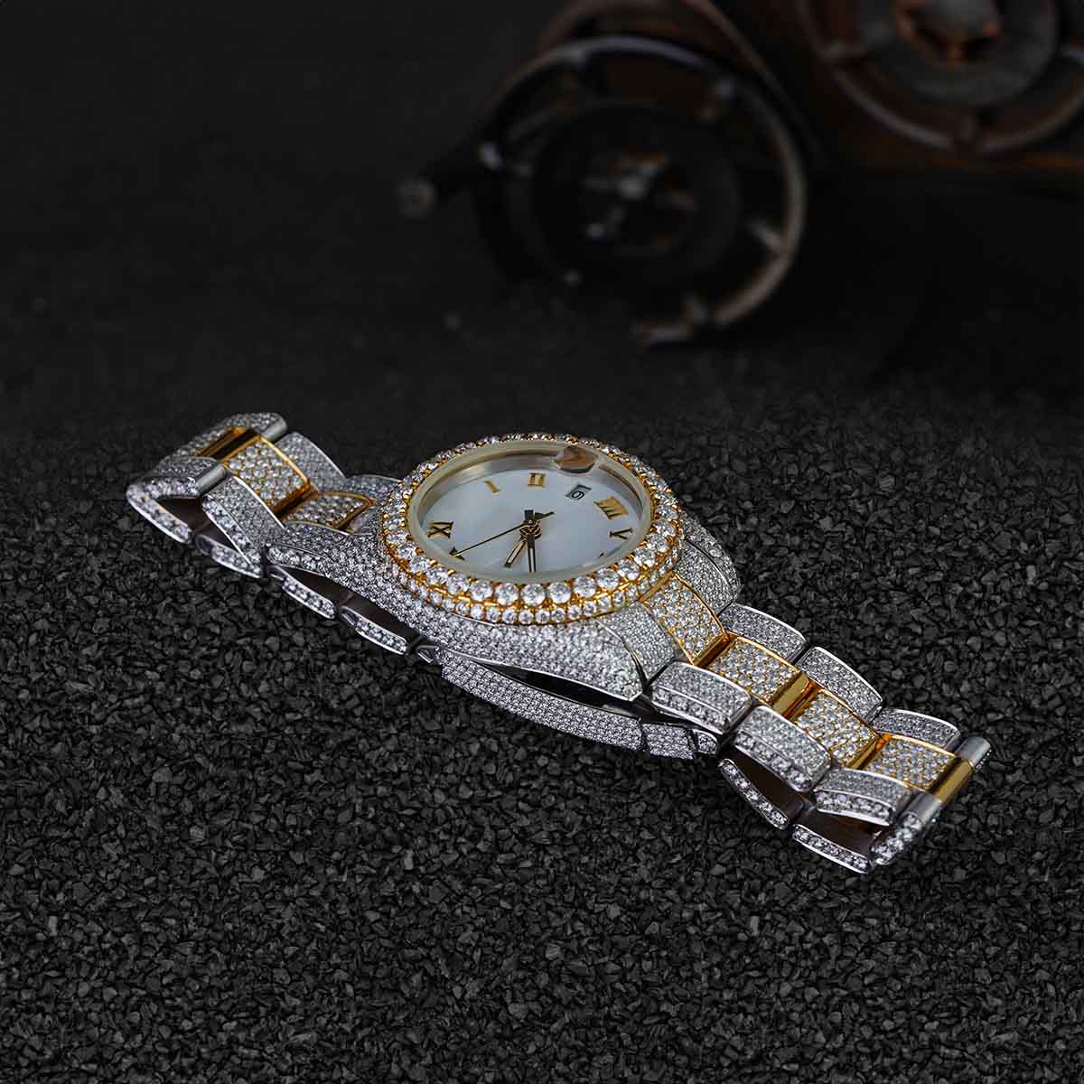 Two Tone Iced Out Rolex Watch for Women Moissanite 32mm White Dial Bust Down Hip Hop Jewelry