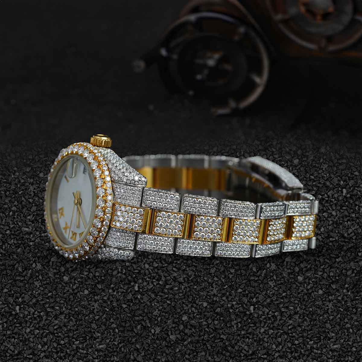 Two Tone Iced Out Rolex Watch for Women Moissanite 32mm White Dial Bust Down Hip Hop Jewelry