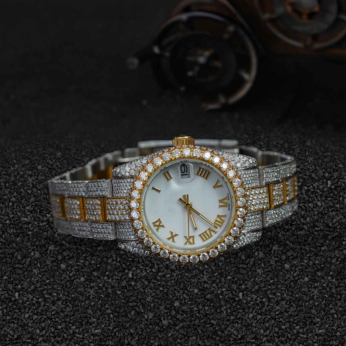 Two Tone Iced Out Rolex Watch for Women Moissanite 32mm White Dial Bust Down Hip Hop Jewelry
