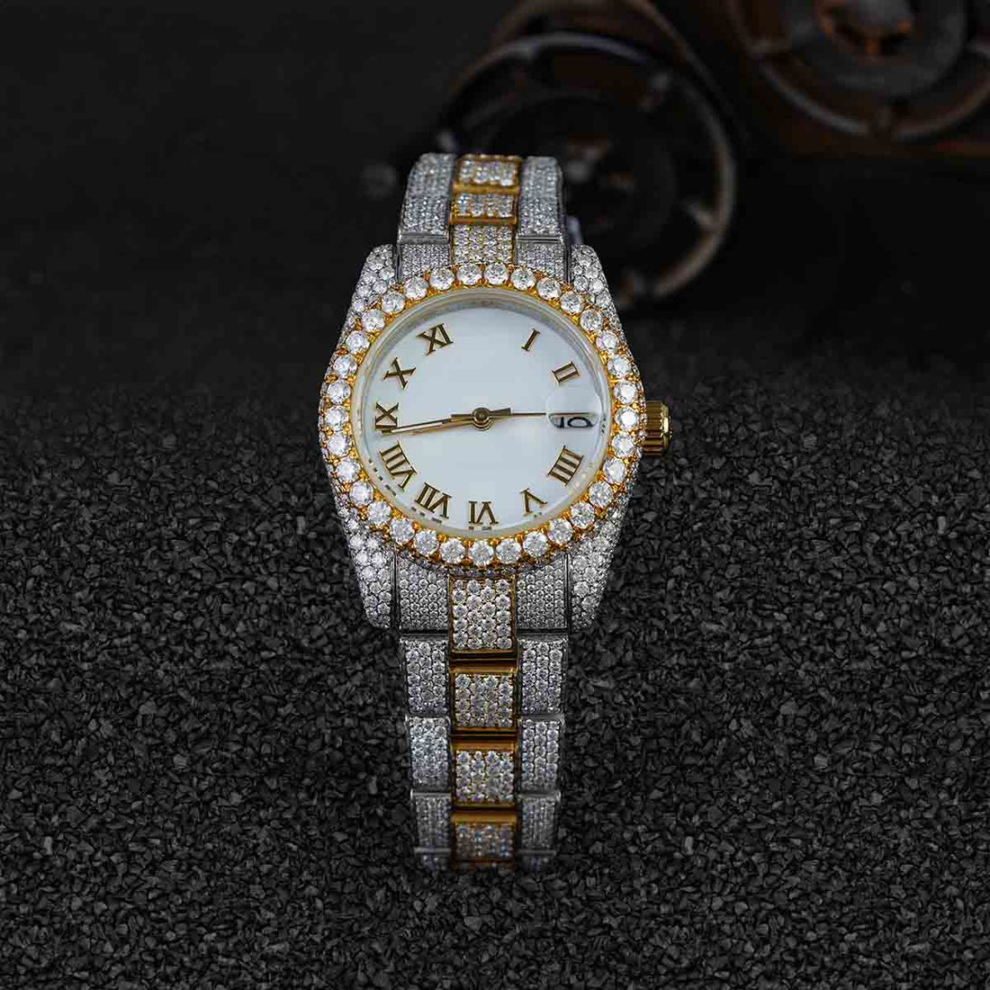 Two Tone Iced Out Rolex Watch for Women Moissanite 32mm White Dial Bust Down Hip Hop Jewelry