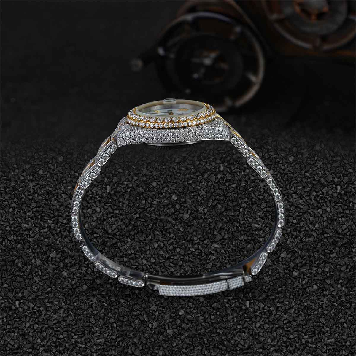 Two Tone Iced Out Rolex Watch for Women Moissanite 32mm White Dial Bust Down Hip Hop Jewelry