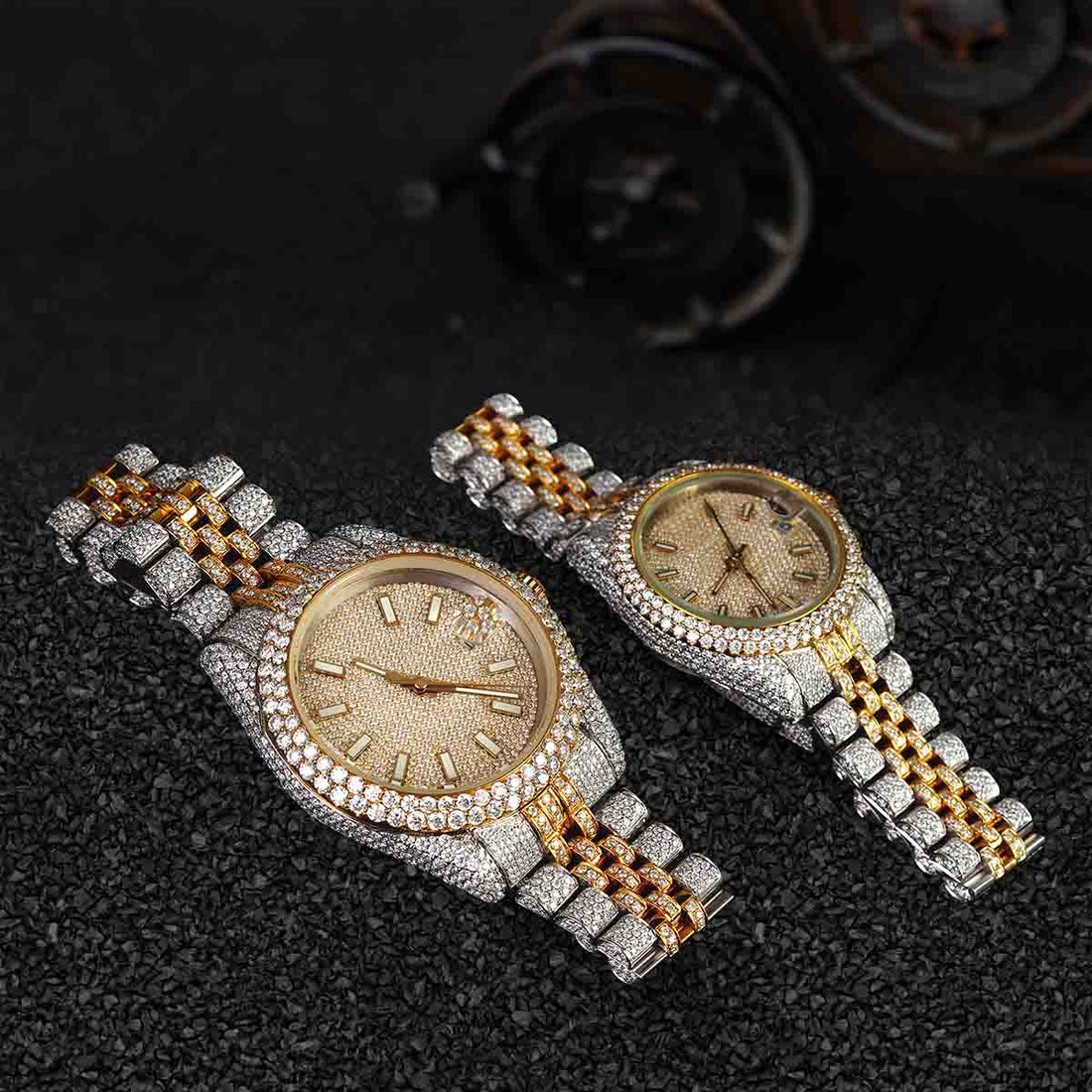 Rolex Watch Couple Iced Out Moissanite Diamond Gold Bust Down Hip Hop