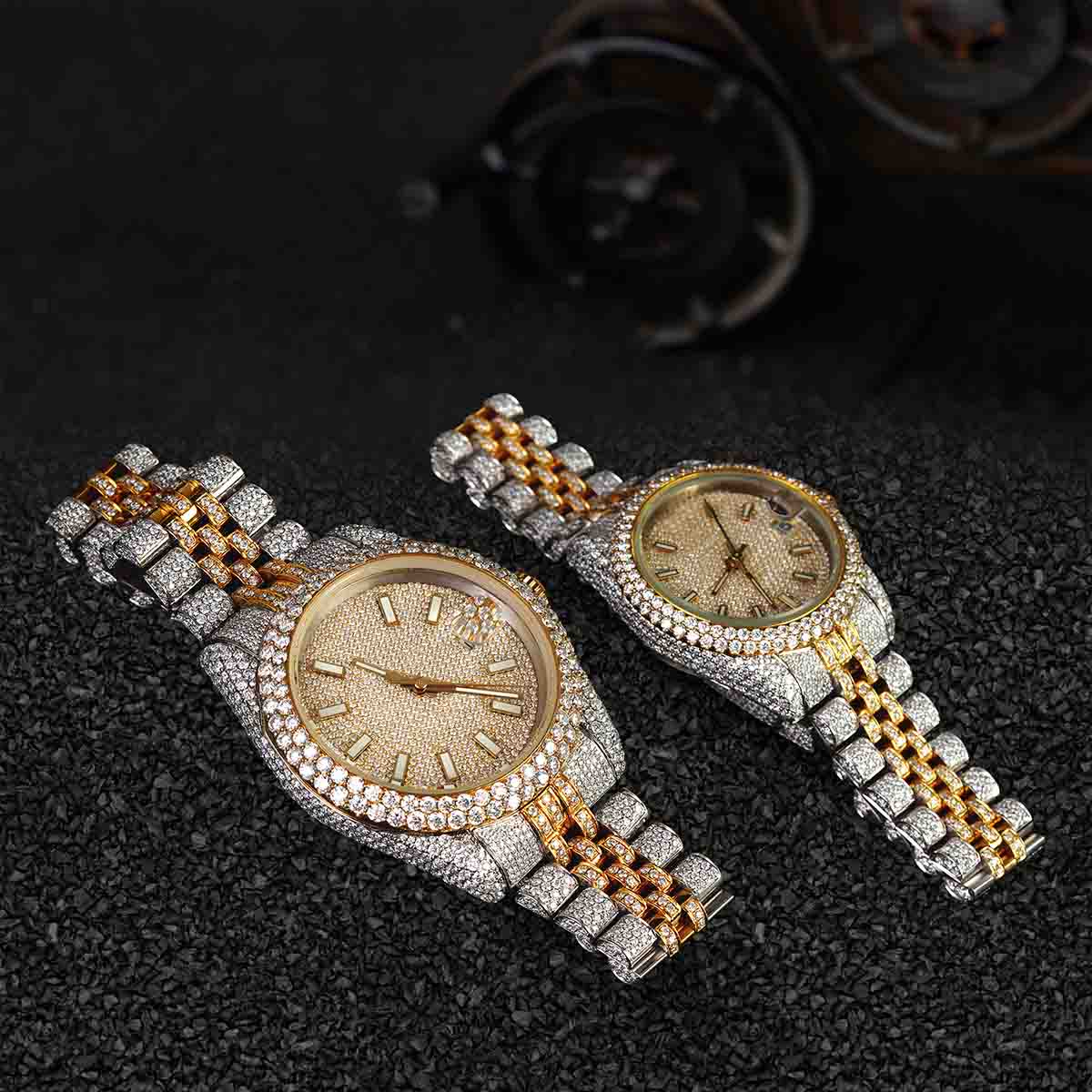 Rolex Watch Couple Iced Out Moissanite Diamond Gold Bust Down Hip Hop
